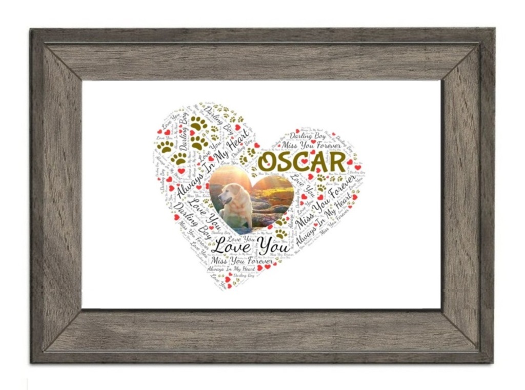 Heart Word Art Pet Memorial Frame Cuban Grey A4 Landscape