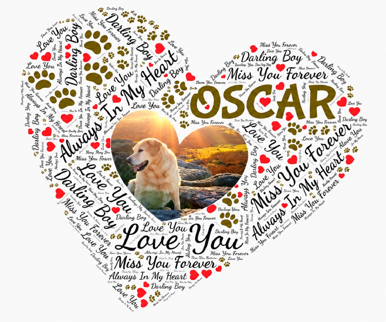 Dog & Cat Memorial Photo Inside WordArt Heart Framed Pet Loss Keepsake Print - time2letgo